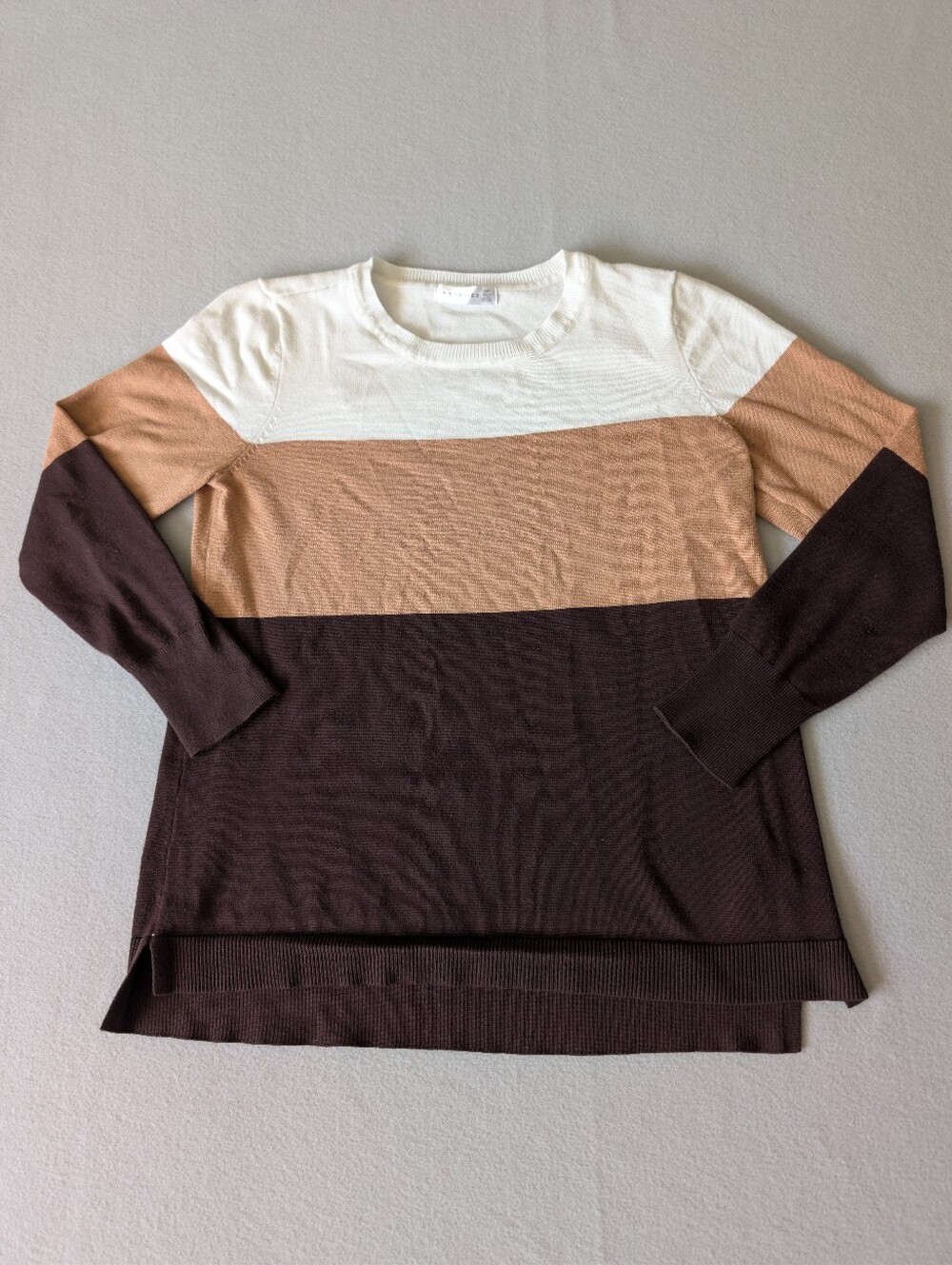 Women's Colorblock Neutral Camel Brown Crewneck Sweater Spring Minimalist Luxury image 2